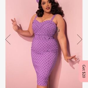 EUC XL Vixen Maneater Wiggle Lilac Lavender and Black Polka Dot Dress